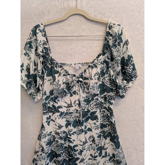 Balticborn Floral Midi Dress Square Neck Tie Front Short Sleeve Smocked Waist M - Picture 2 of 9